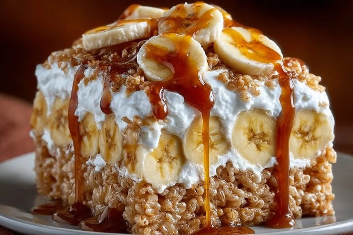 Delicious Banana Pudding Rice Krispie Treats with layered banana and whipped cream.