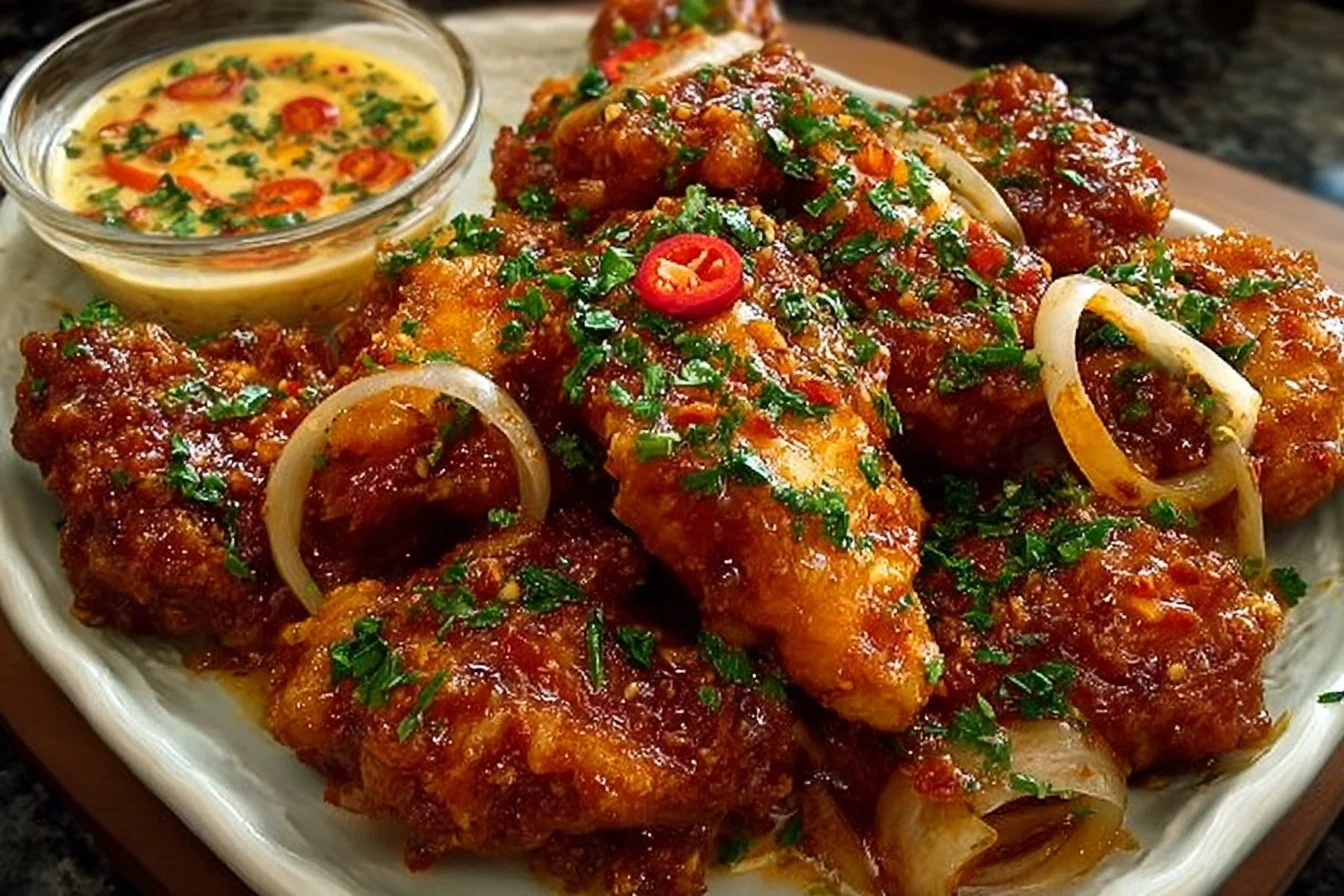 Plate of spicy and creamy Bang Bang Chicken garnished with green onions.