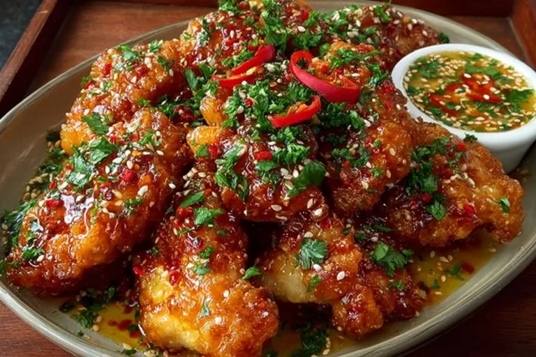 Delicious plate of Bang Bang Chicken with creamy sauce and garnishes