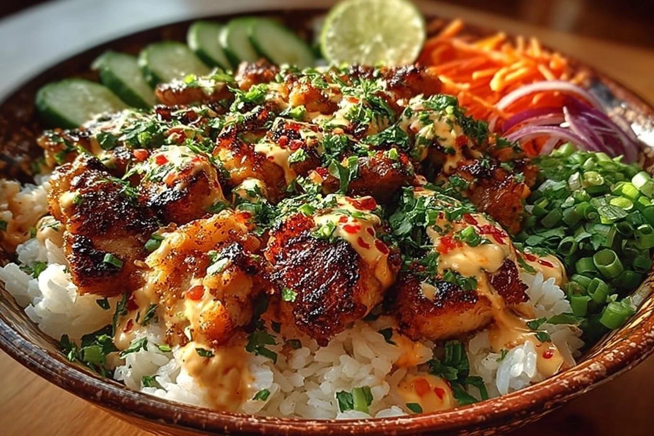 Bang Bang Chicken Bowl features flavorful chicken and vibrant vegetables served in a bowl.