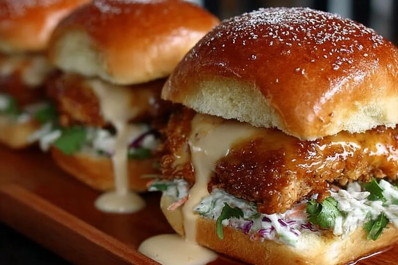 Delicious Bang Bang Chicken Sliders ready to serve.