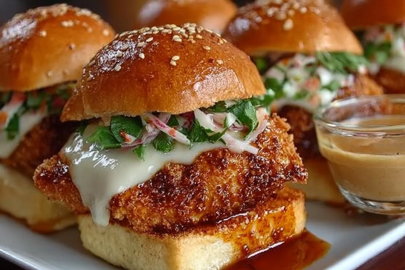 Bang Bang Chicken Sliders served on a plate with fresh toppings