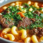 Bowl of hearty Beef and Macaroni Soup with fresh herbs
