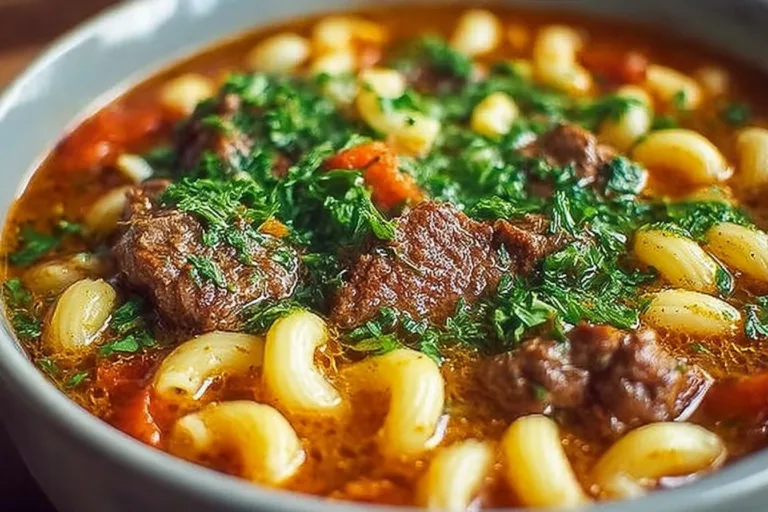 Bowl of hearty Beef and Macaroni Soup with fresh herbs