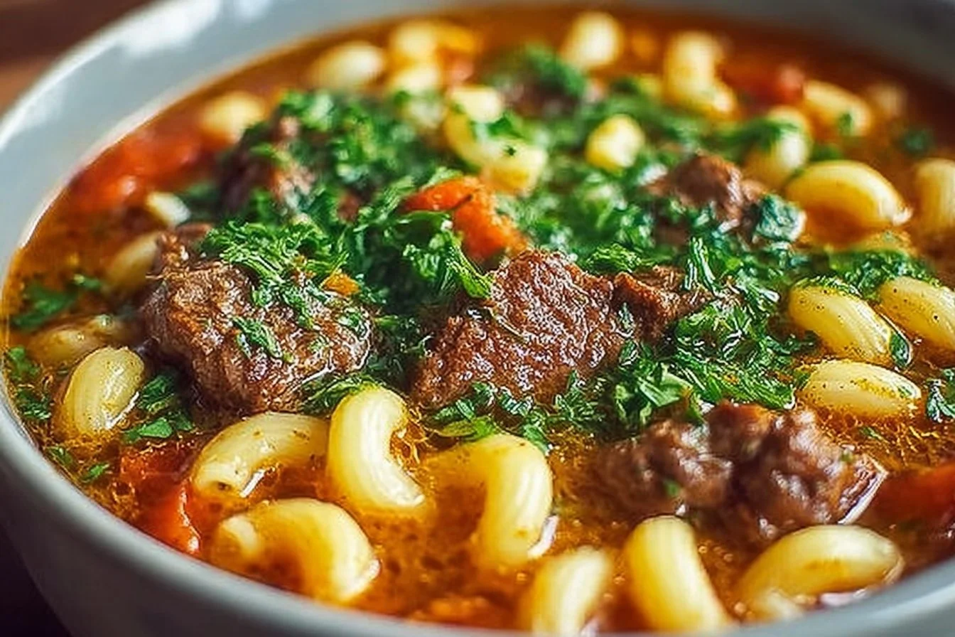 Bowl of hearty Beef and Macaroni Soup with fresh herbs