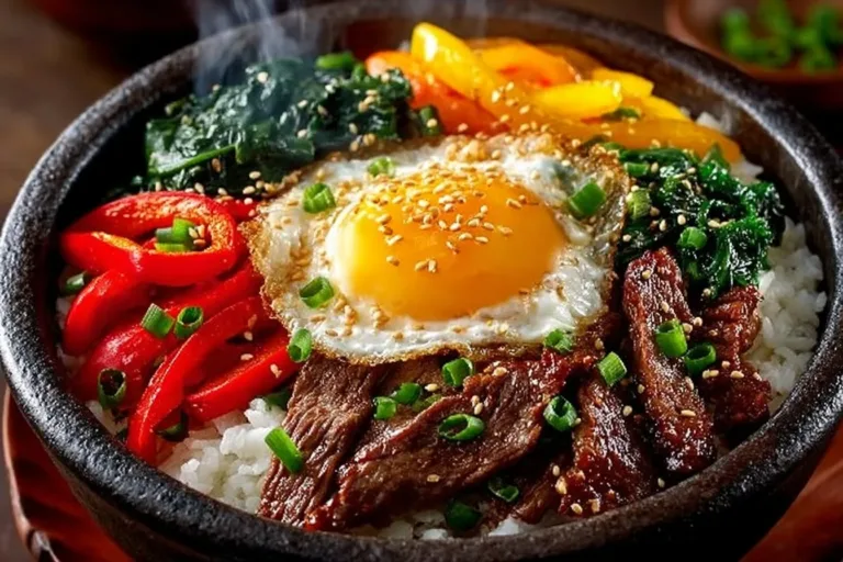 Delicious Beef and Pepper Rice Bowl topped with fresh vegetables and seasonings.