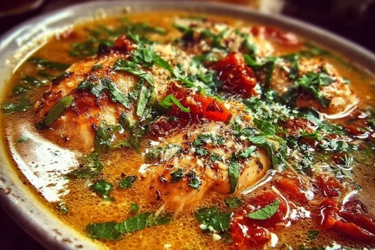 Delicious bowl of Crockpot Marry Me Chicken Soup garnished with herbs.