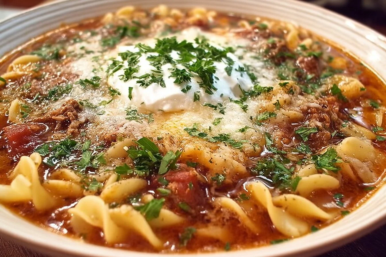 Delicious bowl of best ever lasagna soup with cheese and herbs