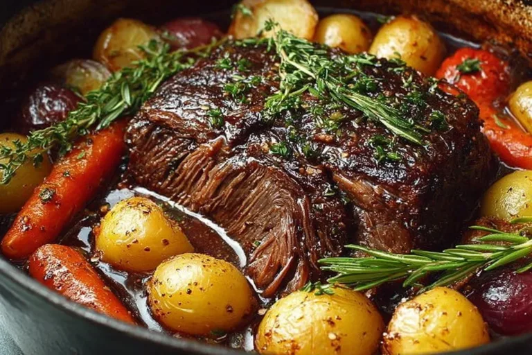 Delicious grilled pot roast served with vegetables and herbs