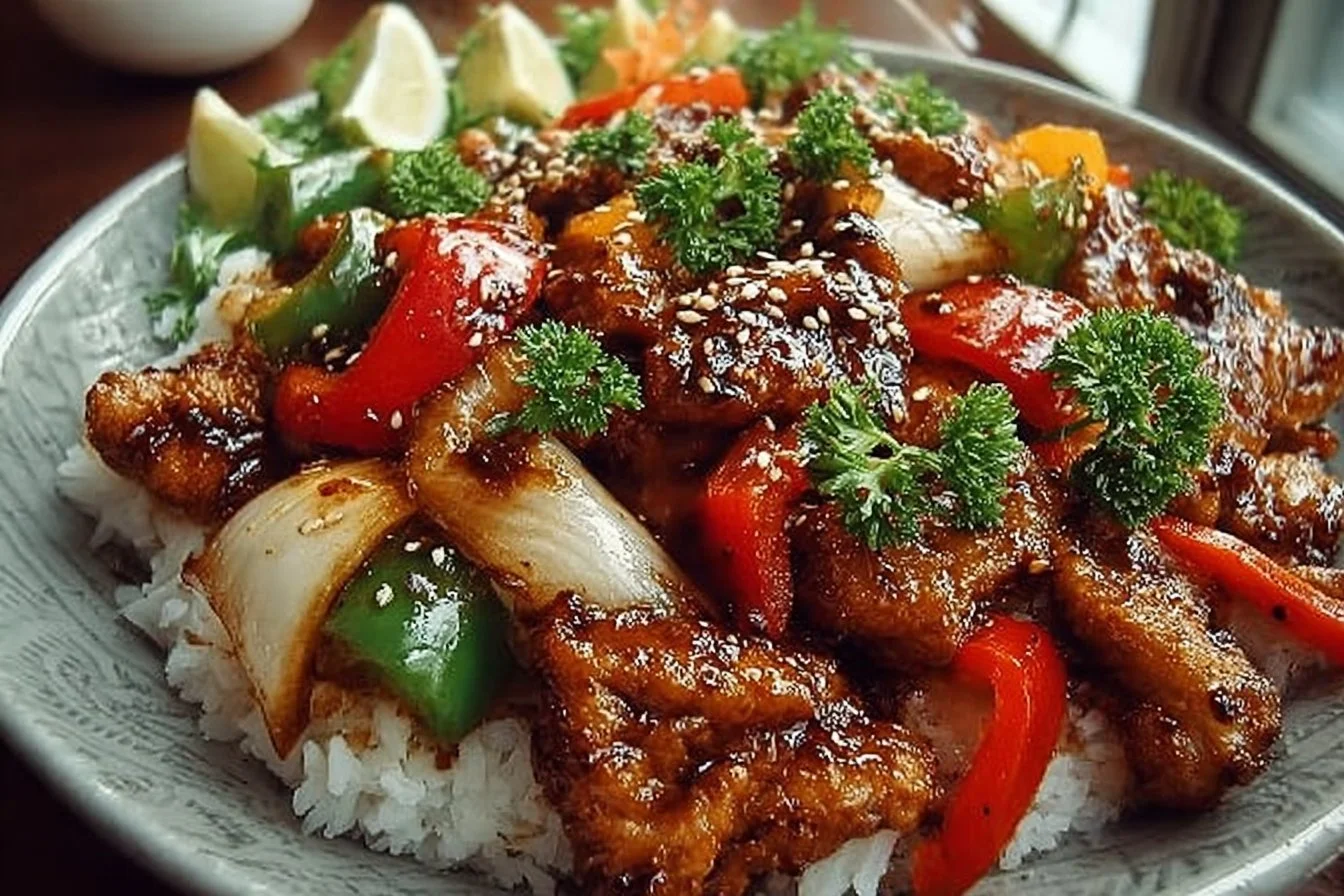 Delicious Black Pepper Chicken served with vegetables and rice