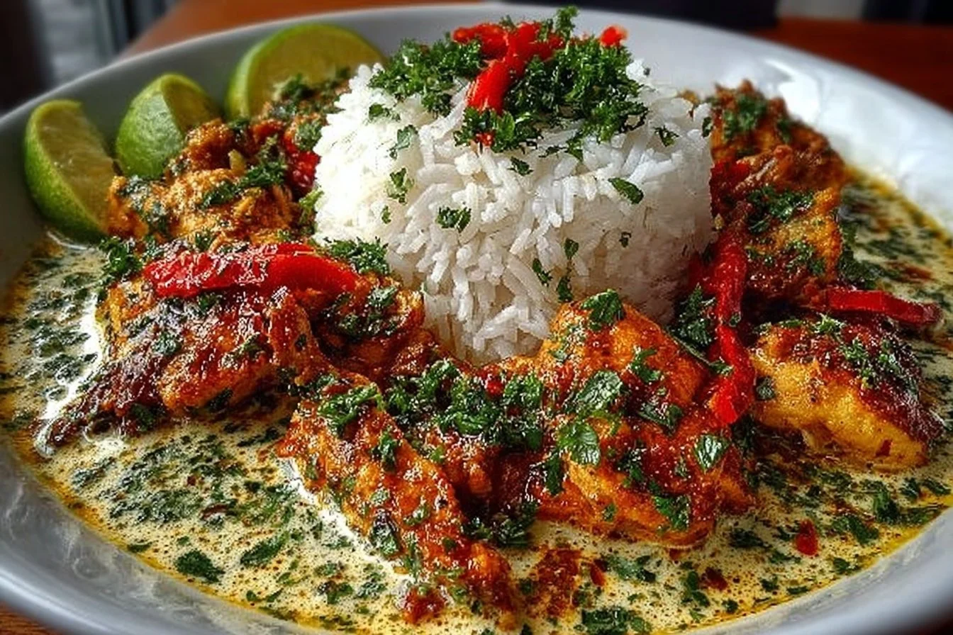 Plate of Brazilian Coconut Chicken garnished with fresh herbs