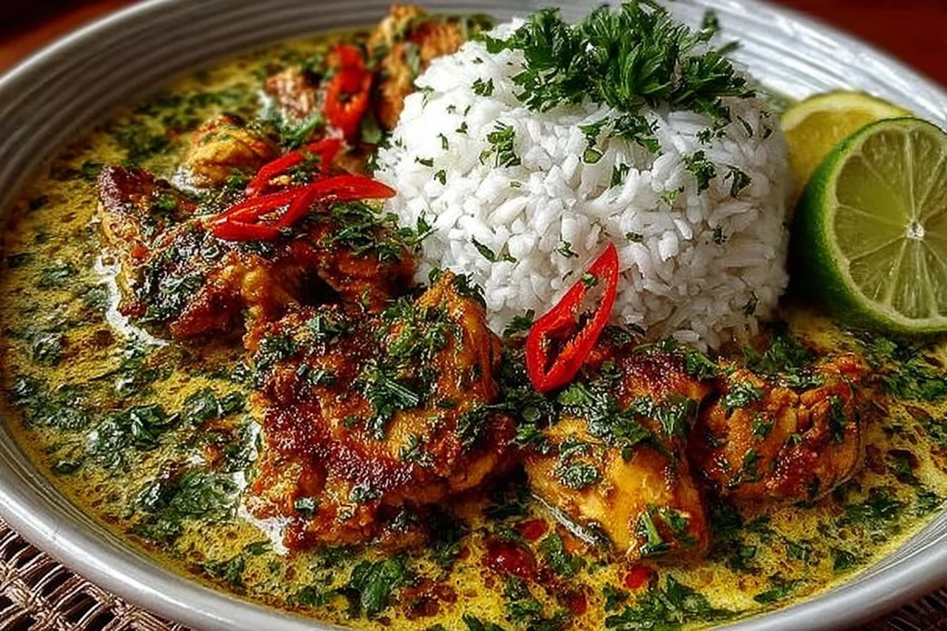 Delicious Brazilian Coconut Chicken served with rice and vegetables