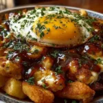 Delicious breakfast poutine topped with eggs, gravy, and cheese curds.