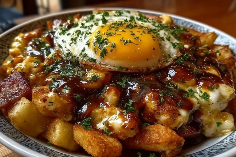 Delicious breakfast poutine topped with eggs, gravy, and cheese curds.