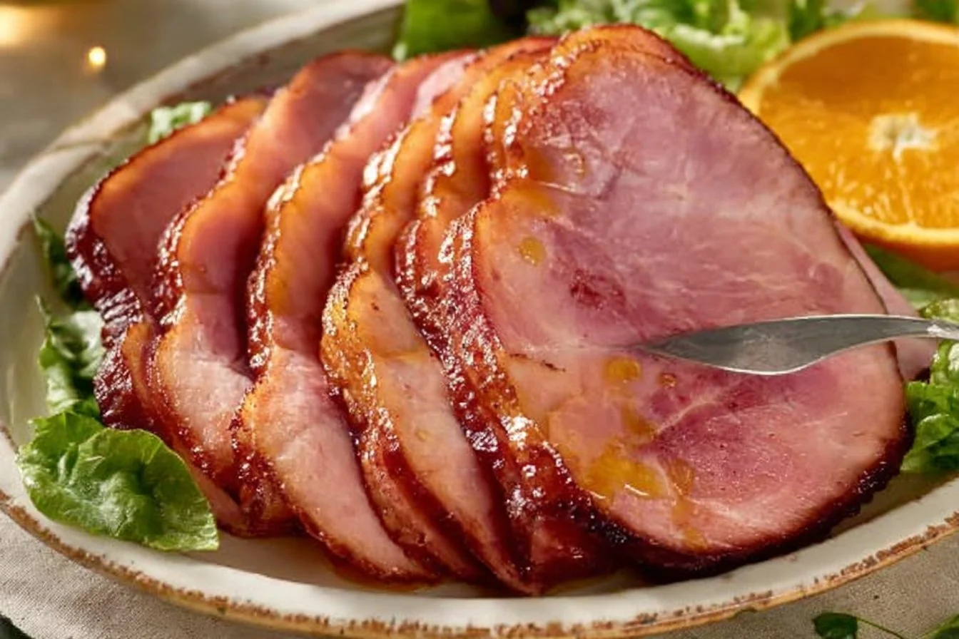 Delicious brown sugar honey glazed spiral ham ready for serving