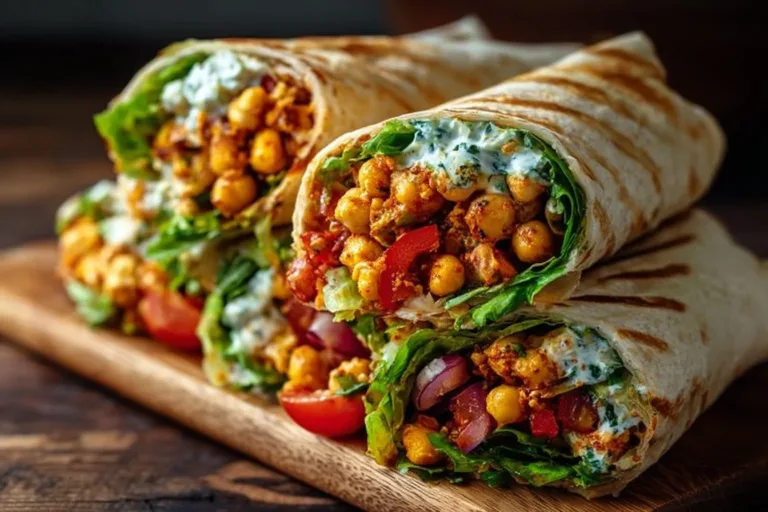 Spicy Buffalo Chickpea Wraps served with fresh vegetables and tangy sauce