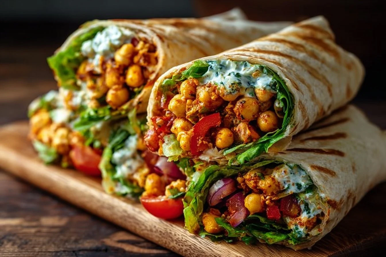 Spicy Buffalo Chickpea Wraps served with fresh vegetables and tangy sauce