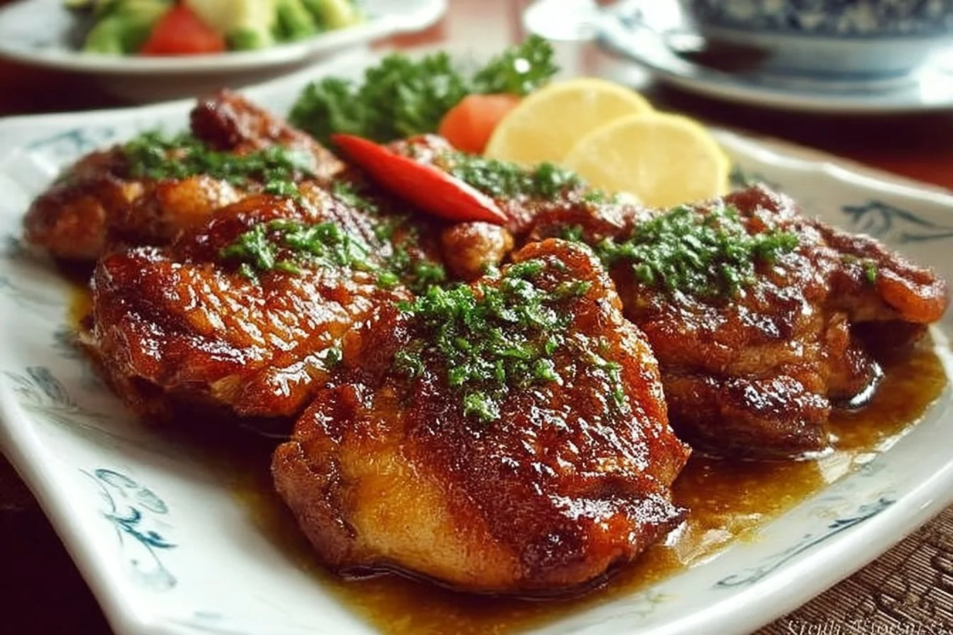 Delicious Butter Shoyu Chicken served with rice and vegetables
