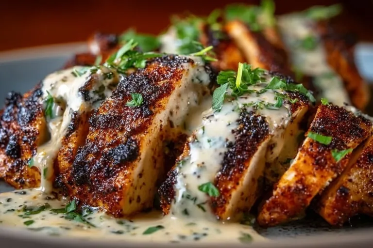 Cajun grilled chicken served with Alabama white sauce on a plate
