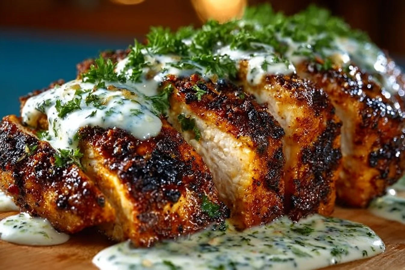 Cajun Grilled Chicken served with Alabama White Sauce on a plate