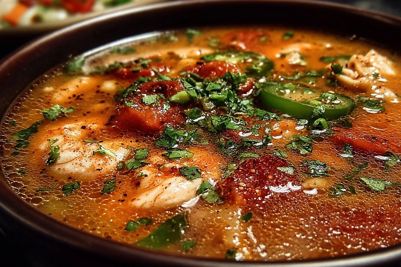 Bowl of Cajun white chicken chili topped with herbs and spices