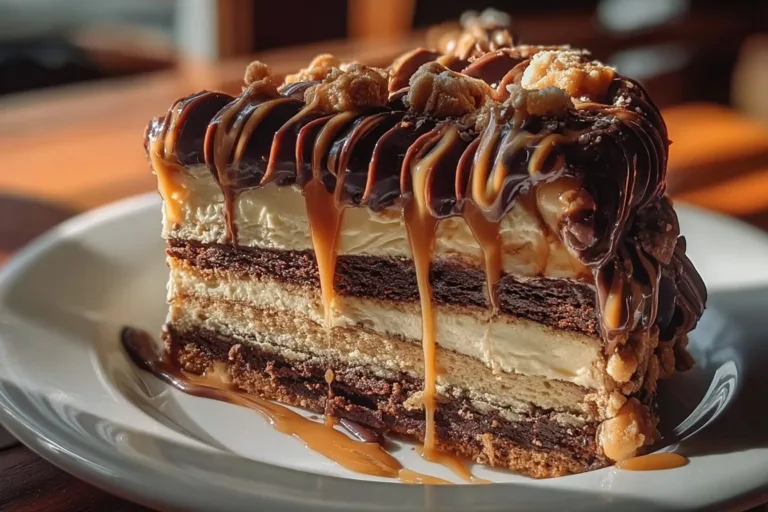 Delicious slice of Caramel Chocolate Coffee Cheesecake topped with caramel drizzle.