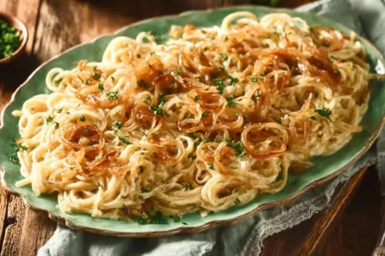 Delicious caramelized onion pasta garnished with herbs in a bowl.