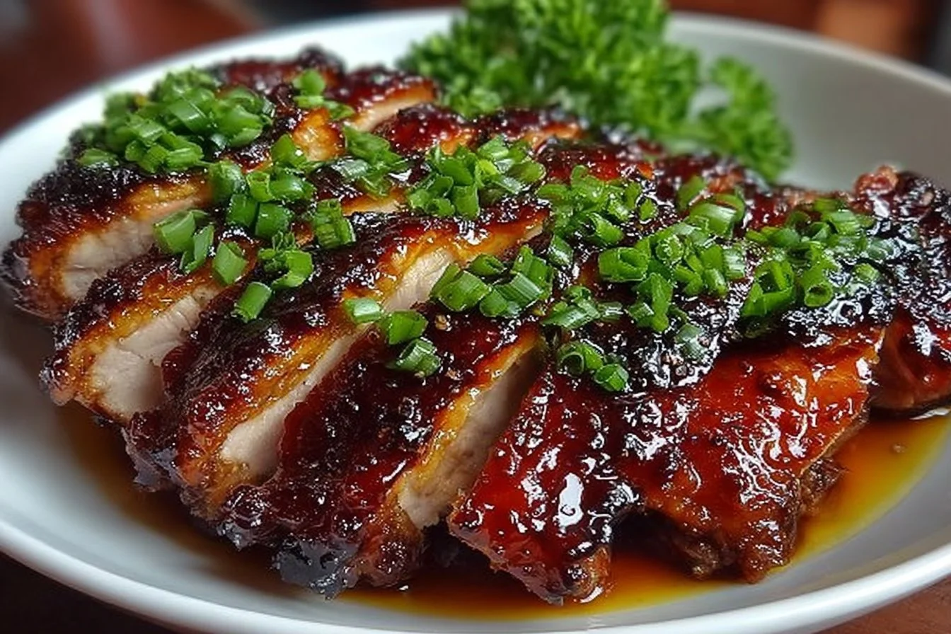 Delicious Char Siu Chicken garnished with green onions and sesame seeds