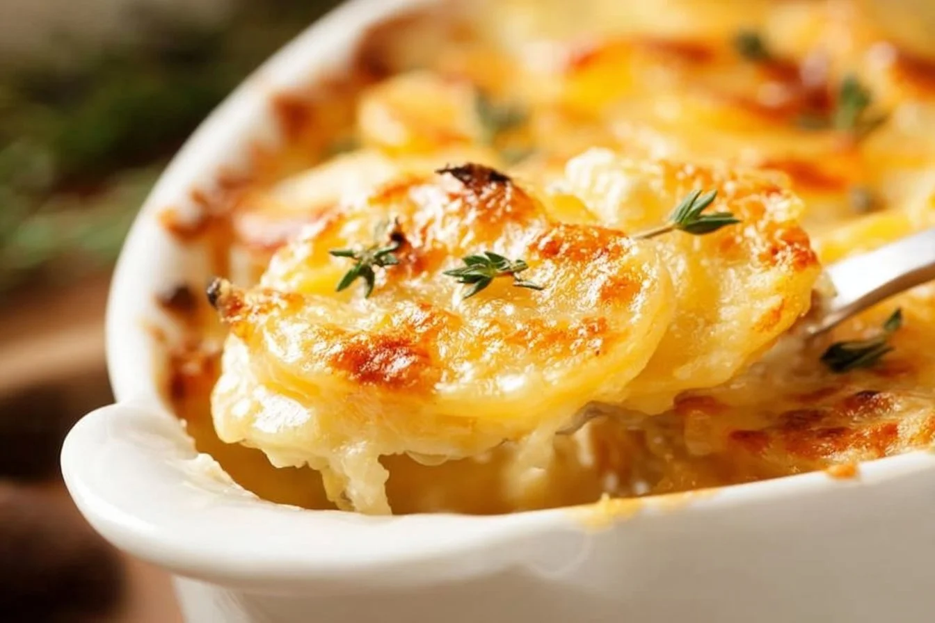 Baked cheesy au gratin potatoes in a creamy sauce topped with golden crust