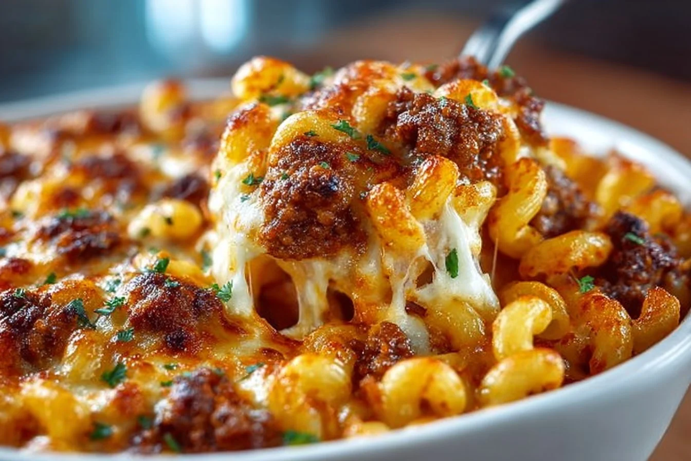 Cheesy Beef Macaroni Casserole cooked and served in a baking dish