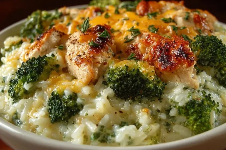 Cheesy broccoli chicken and rice casserole served in a baking dish