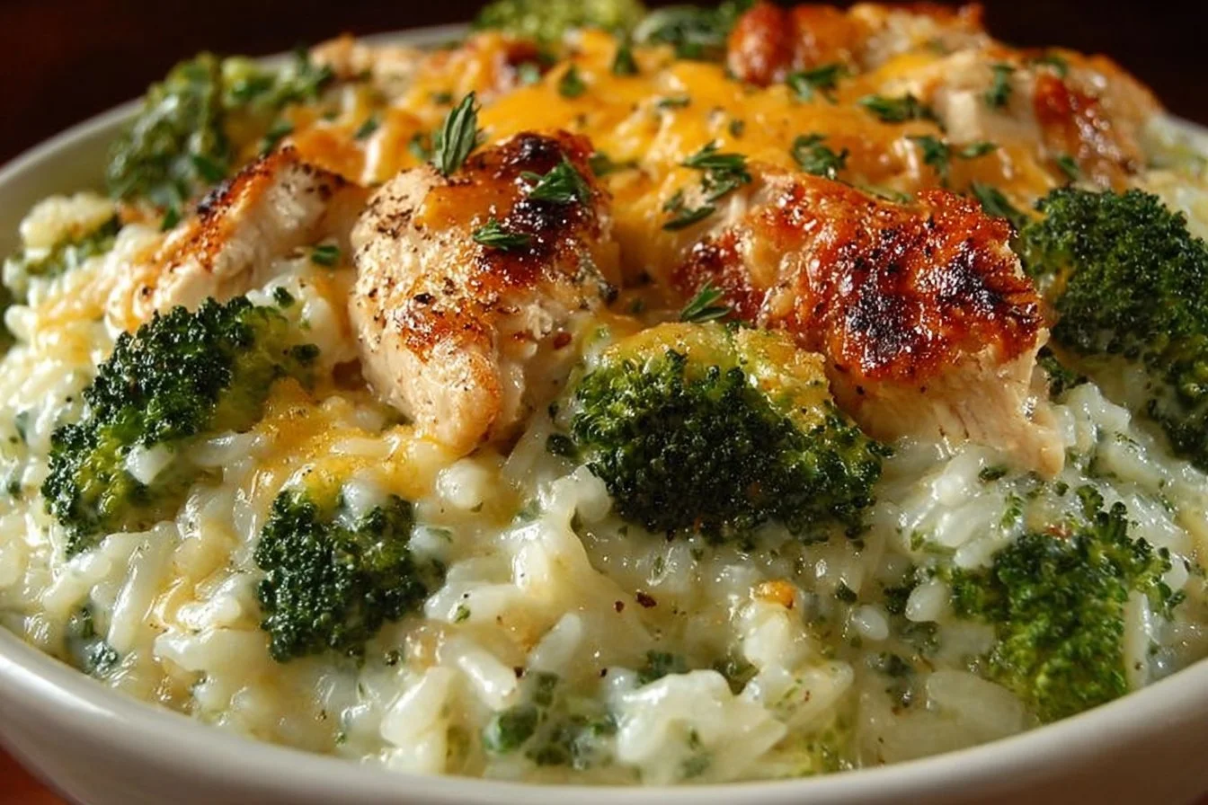 Cheesy broccoli chicken and rice casserole served in a baking dish