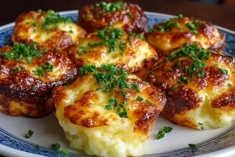 Cheesy mashed potato puffs served on a plate, crispy and golden brown