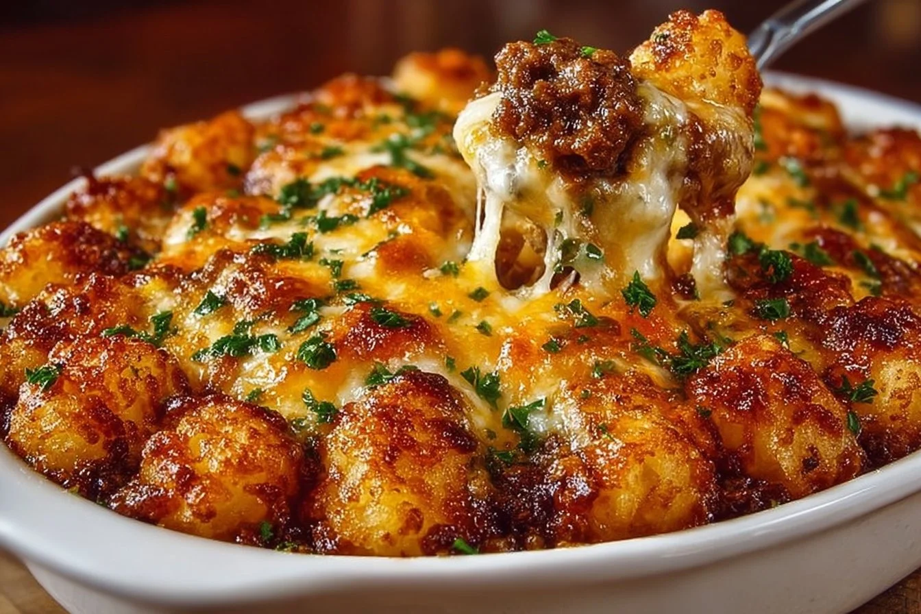 Cheesy Tater Tot Casserole baked to golden perfection with crispy tots