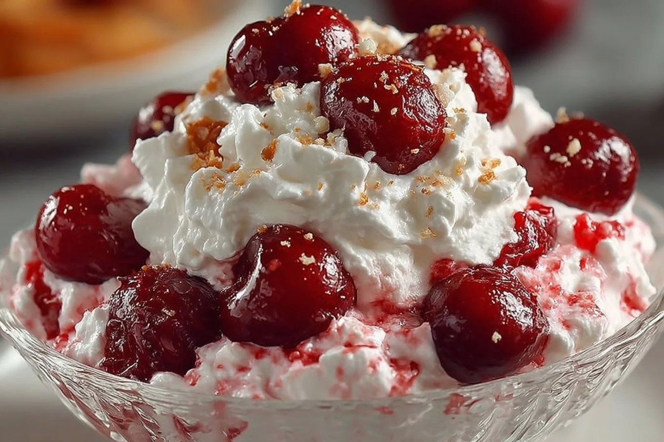 Delicious Cherry Cheesecake Fluff dessert in a glass with cherry topping.