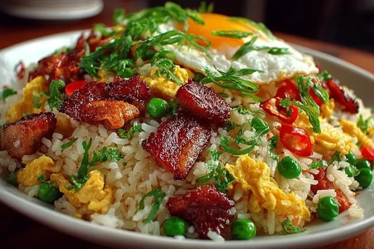 A bowl of Chicken and Bacon Fried Rice garnished with green onions