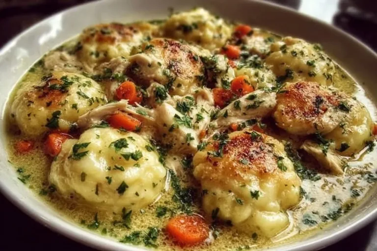 Delicious bowl of Chicken and Dumplings with herbs and seasonings.