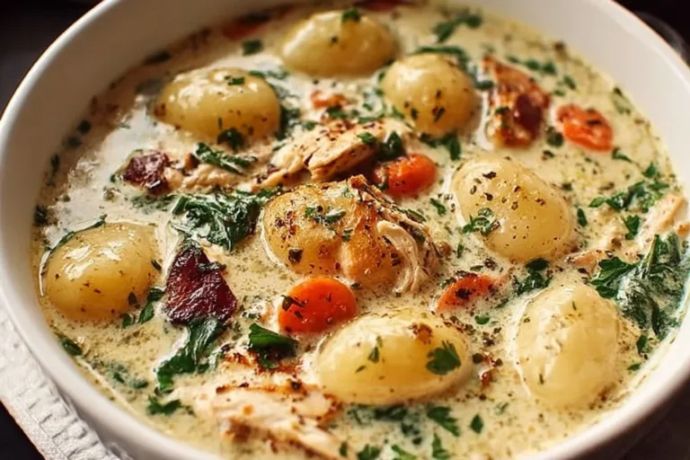 Bowl of Chicken Gnocchi Soup with chicken, gnocchi, and vegetables
