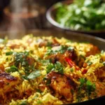 A plate of flavorful chicken and rice served with vegetables