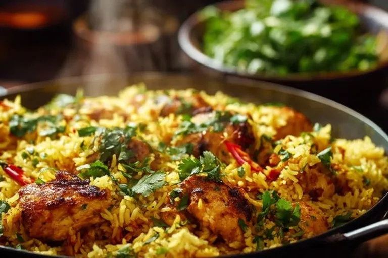 A plate of flavorful chicken and rice served with vegetables