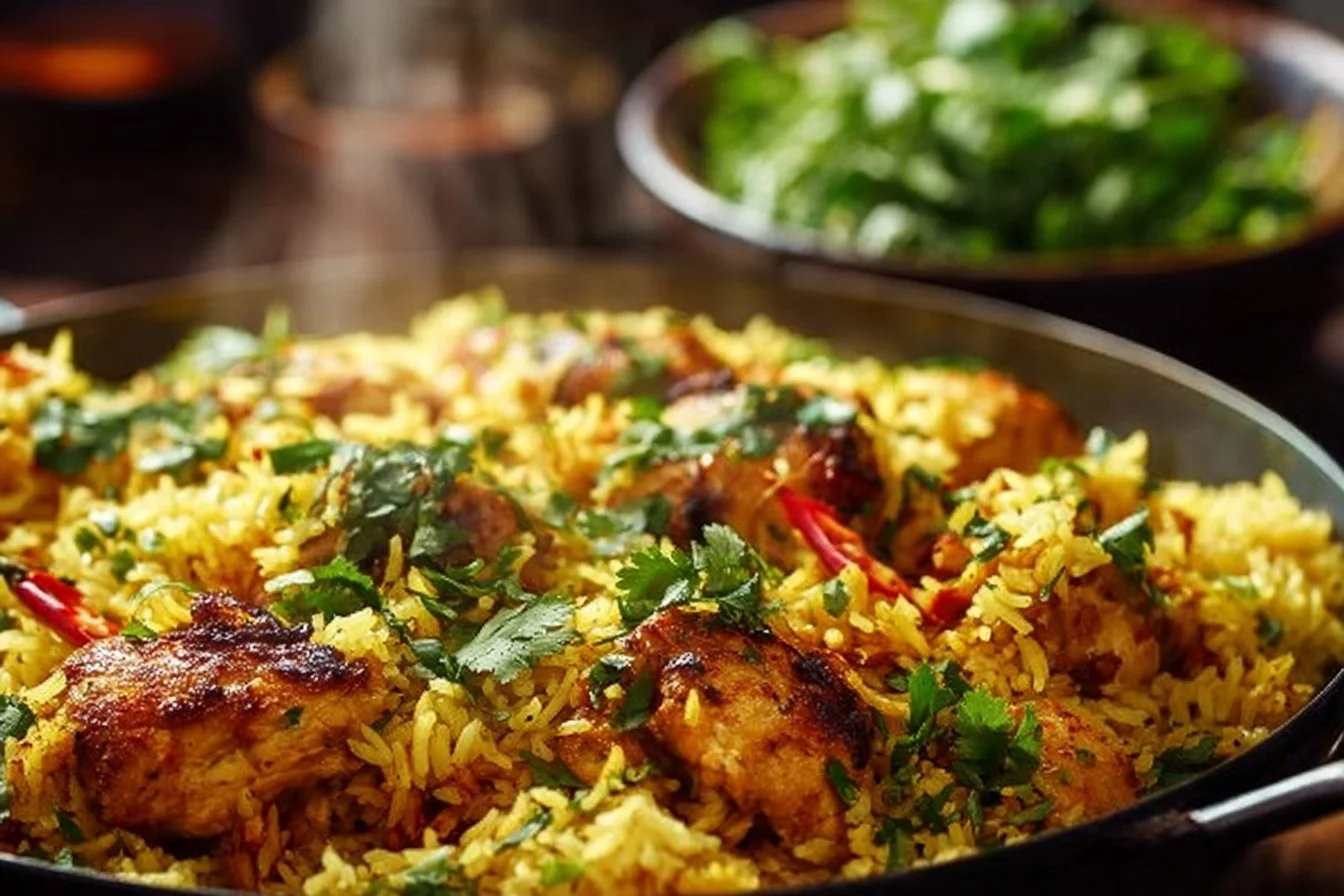 A plate of flavorful chicken and rice served with vegetables