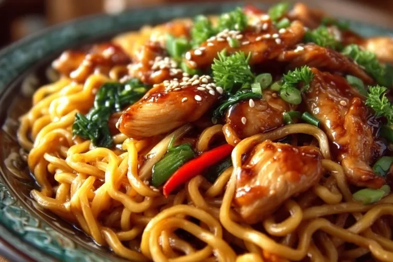 Delicious Chicken Chow Mein with chicken, vegetables, and noodles in a savory sauce.