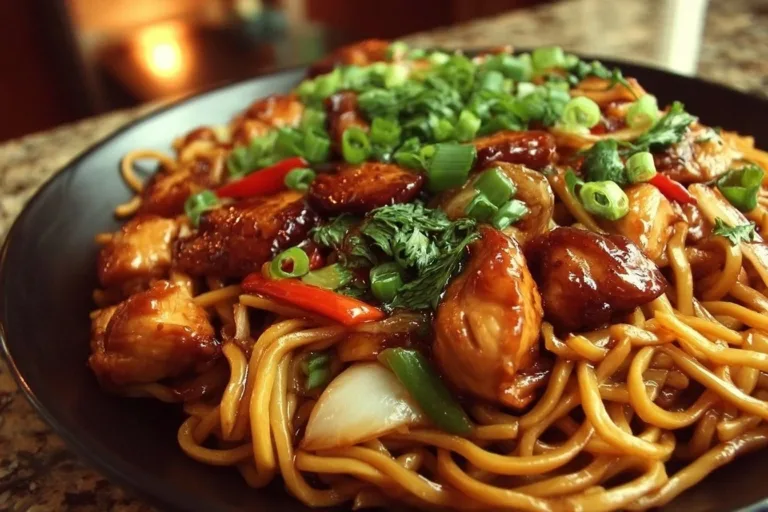 Plate of Chicken Chow Mein with colorful vegetables and noodles