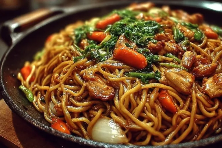 Delicious Chicken Lo Mein served in a bowl with vegetables and chopsticks