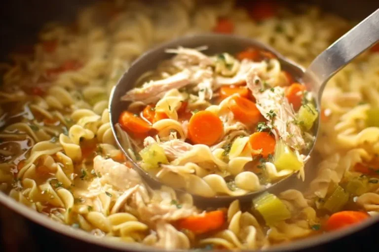 Bowl of homemade chicken noodle soup with fresh vegetables and herbs