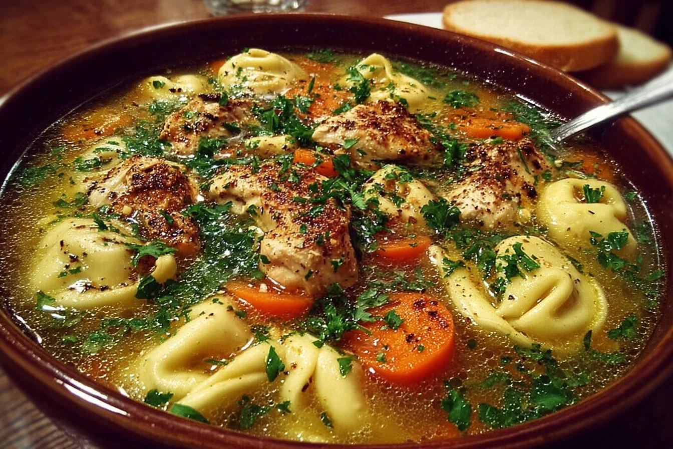 Bowl of Chicken Tortellini Soup with fresh herbs and ingredients