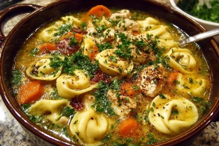 Bowl of Chicken Tortellini Soup garnished with herbs