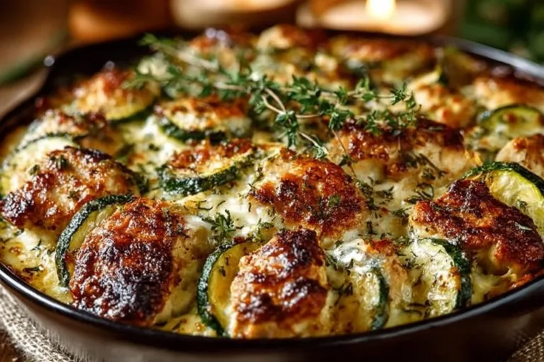 A delicious chicken zucchini bake dish garnished with herbs and served in a baking dish.