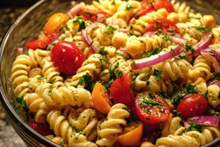 Colorful chickpea pasta salad with vegetables and dressing in a bowl