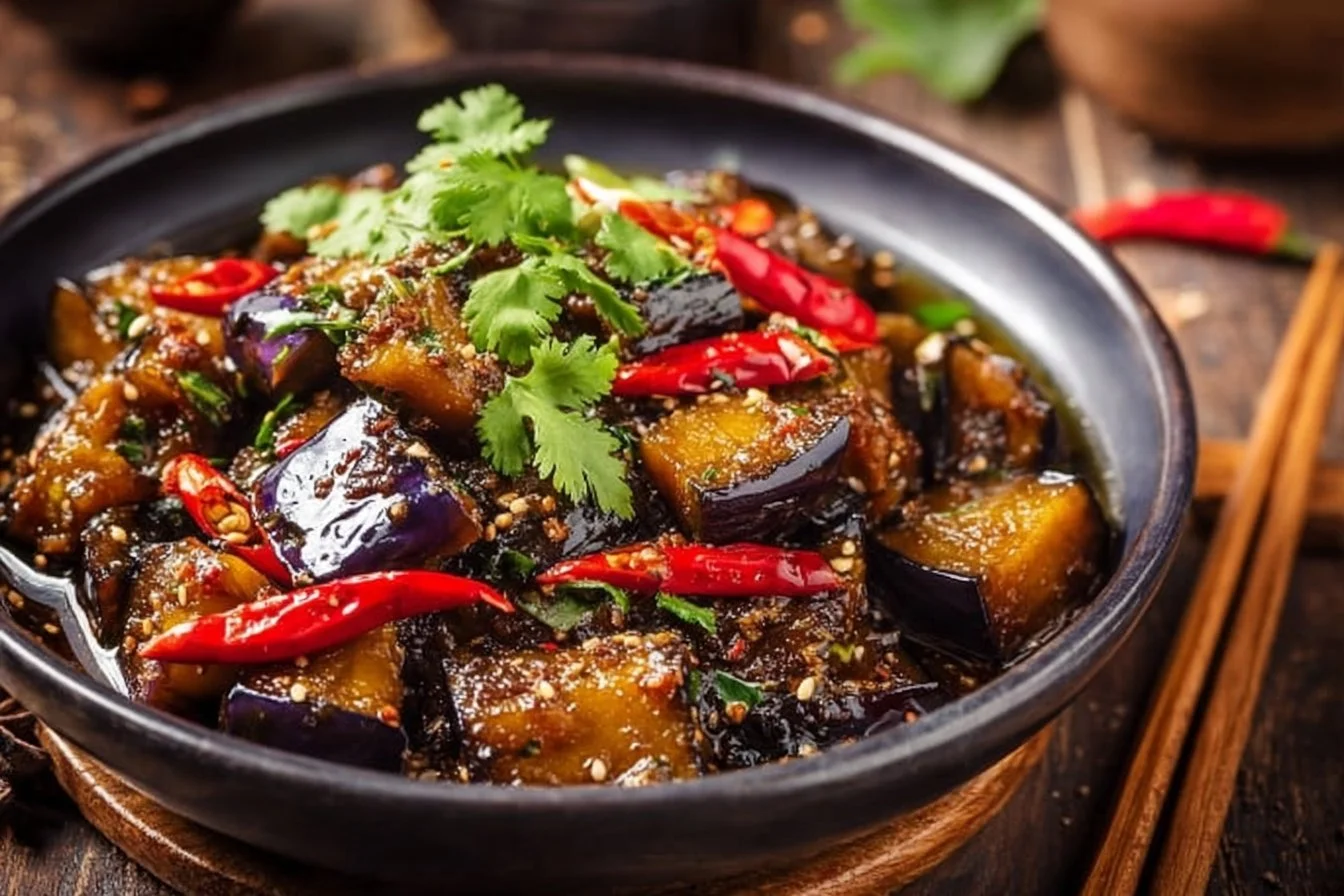 Plate of Chinese eggplant in garlic sauce garnished with herbs